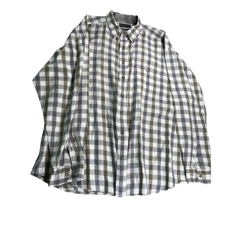 Courtenay Men's XXL Plaid Button Front Shirt Gray Olive‎ White 100% Cotton